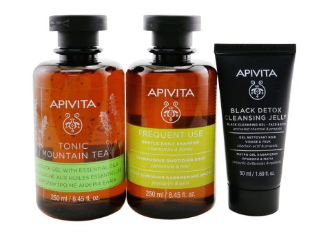 Apivita Nature s Greetings Set: Tonic Mountain Tea Shower Gel 250ml+ Gentle Daily Shampoo 250ml+ Black Cleansing Gel 50ml  3pcs Online now